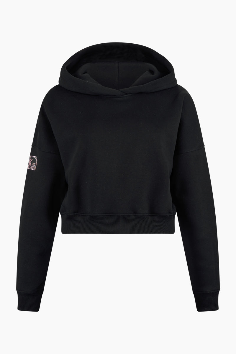 Nachhaltiger Damen Hoodie Schwarz aus Deutschland, Handgefertigter kurzer Kapuzenpullover für Frauen